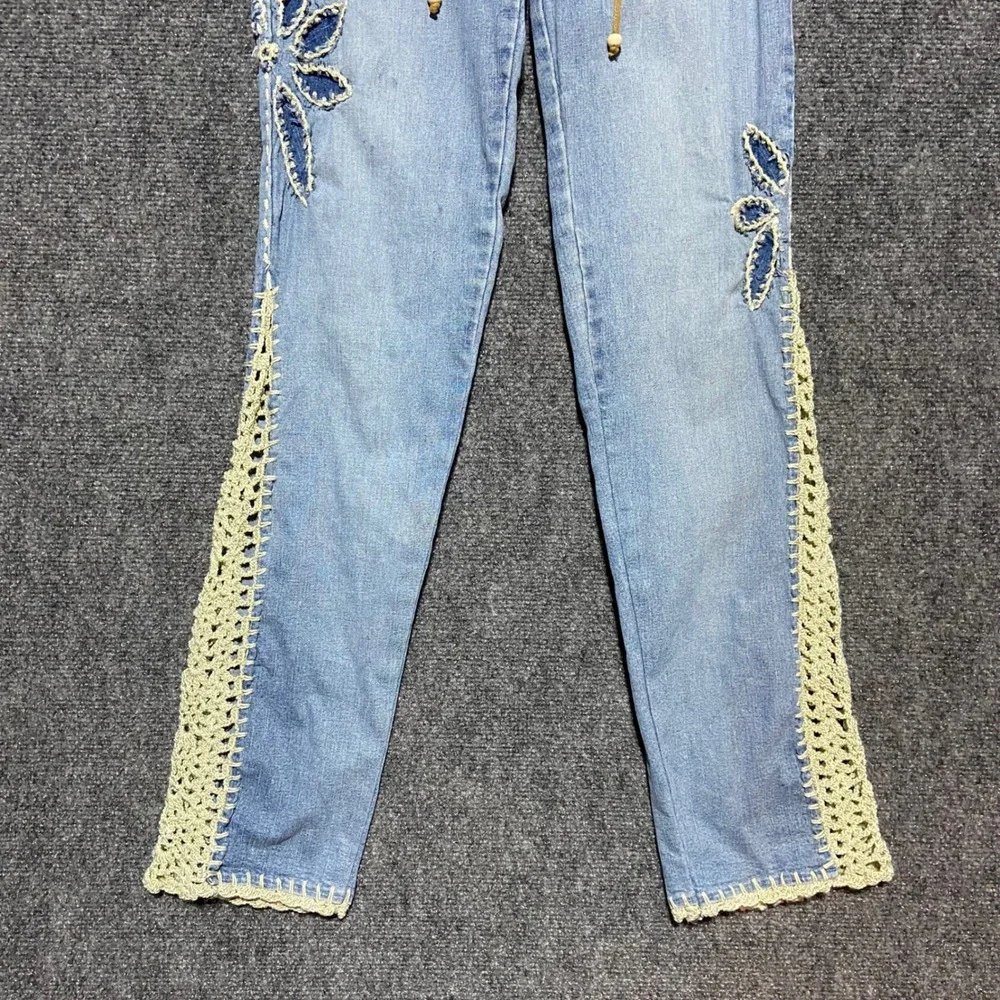 Illegal Jeans Womens Light Wash Crochet Lace Up Flare Denim Jeans Size 5 Y2K